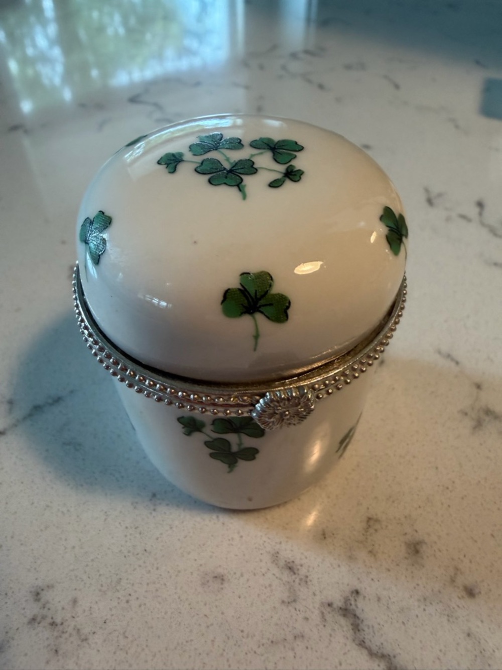 Porcelain Trinket Box with Green Shamrock Motif